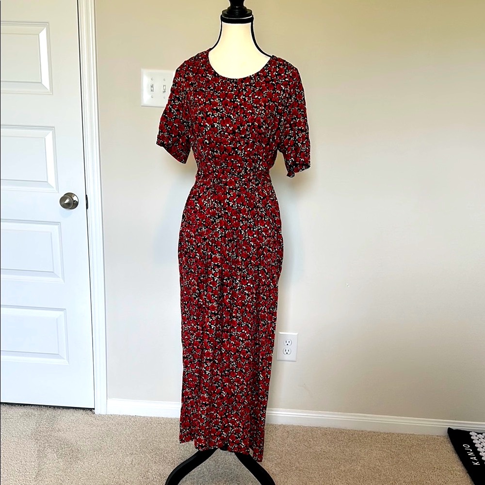 Vintage 90s Betsy Lauren Grunge Red Floral Maxi Dress FLAWED
